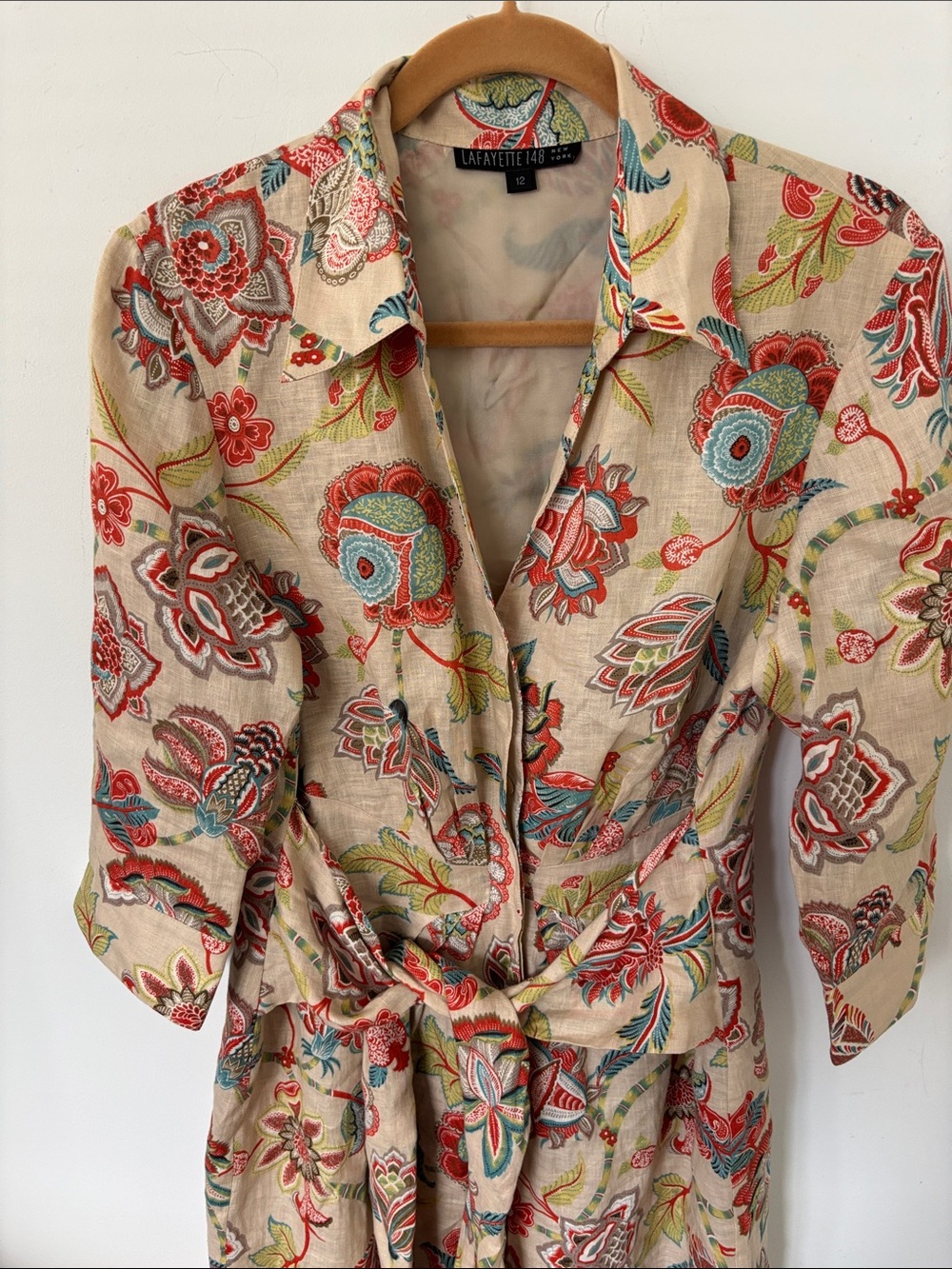 Lafayette 148 NY linen dress, tan w/ orange/blue/greens,sash,3/4 sleeves,size 12